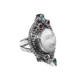 Handmade sterling silver Carved Shell Face Ring with Quartz accents, Balinese artisan jewelry.